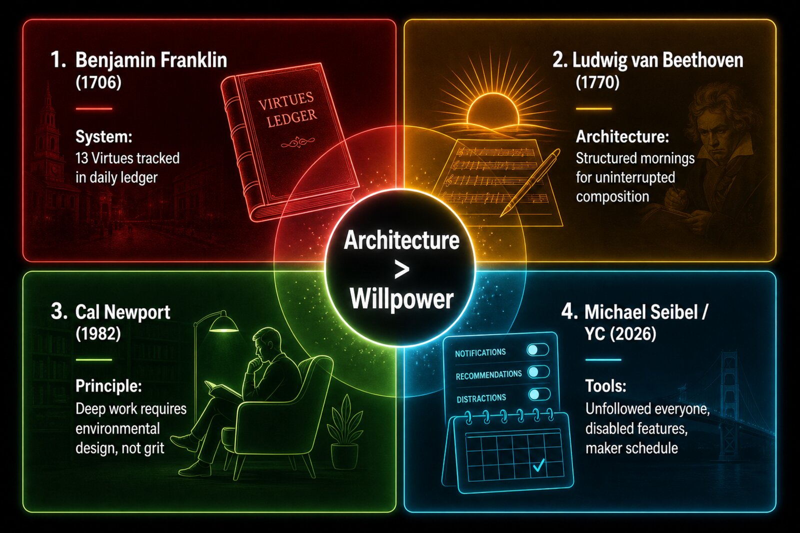 A four-panel comparison grid showing Franklin's virtues ledger, Beethoven's morning routine, Newport's deep work, and the YC maker schedule converging on the same insight.