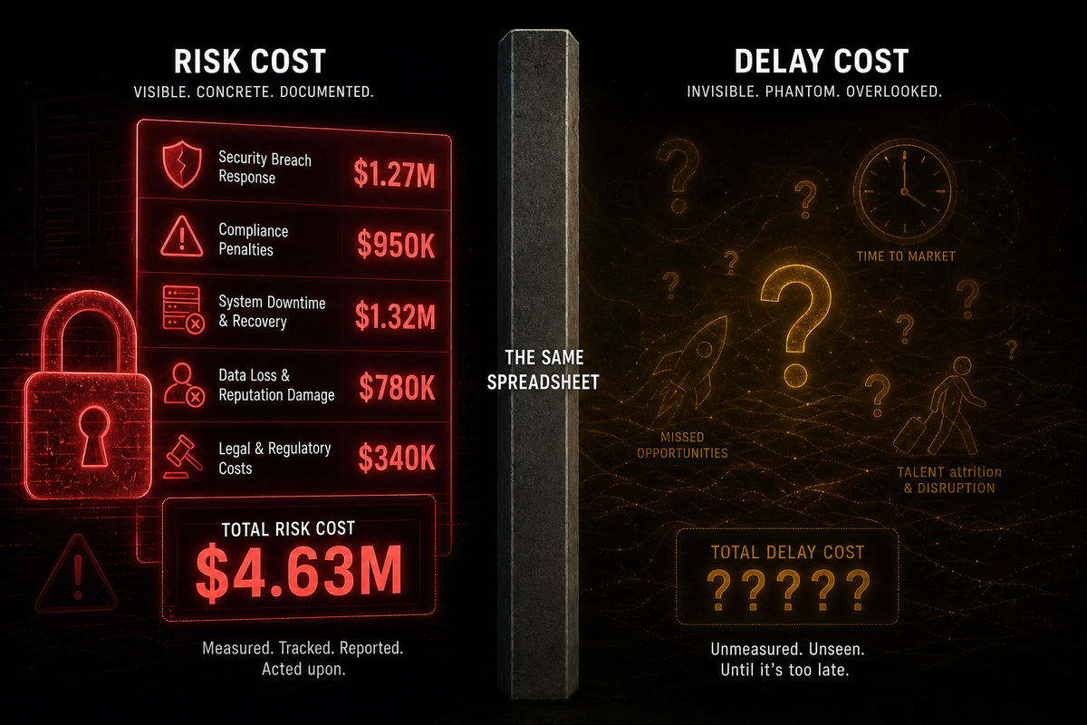 Split-screen infographic comparing two cost surfaces. Left: Risk Cost — visible, concrete, documented costs adding up to $4.63 million. Right: Delay Cost — invisible, phantom, overlooked costs shown as question marks. A barrier between them is labeled 'The Same Spreadsheet.'