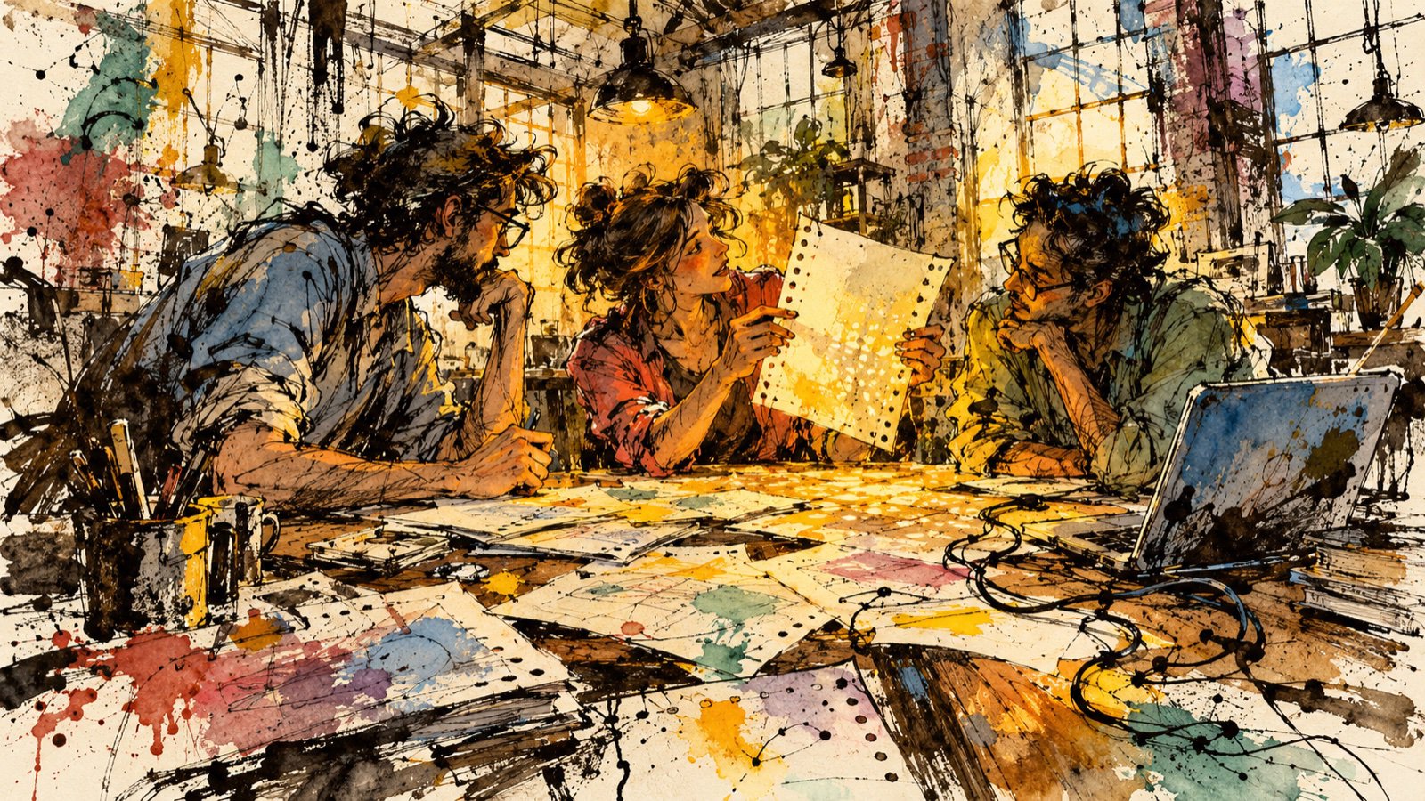 Original AI-generated illustration for this article. Three colleagues examine holes in a proposal around an amber-lit worktable, with a laptop to one side, in an ink-and-watercolor illustration.
